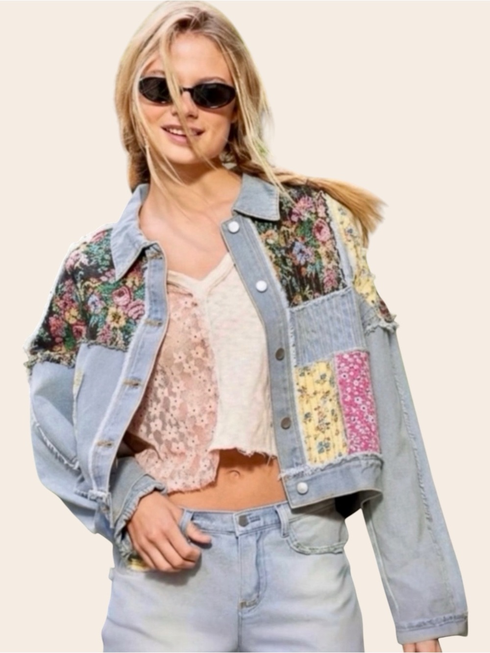 POL Patchwork Denim Jacket Small Boho Cropped Floral NWT - Picture 14 of 14